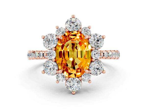 Rose gold Oval Cut Citrine Floral Halo Ring with Round Pavé Band and Prong Setting