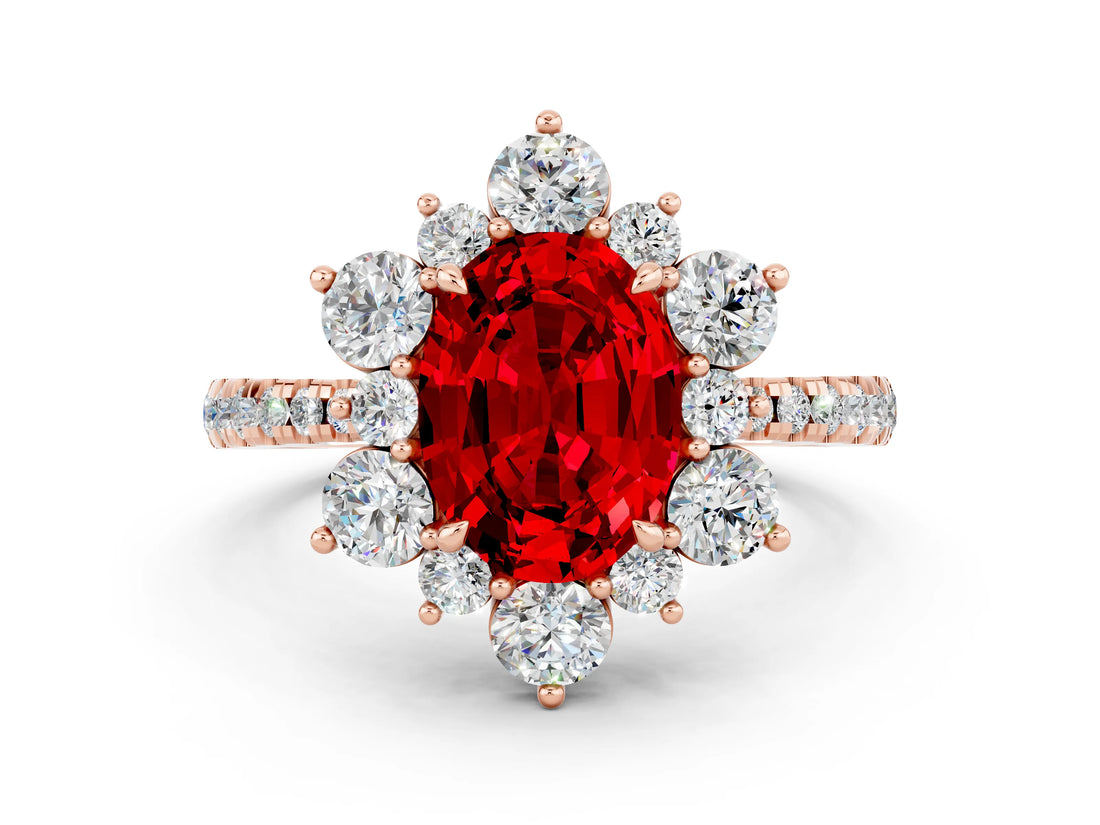 Rose gold Oval Cut Cut Diamond Floral Halo Pave Band with Prong Setting