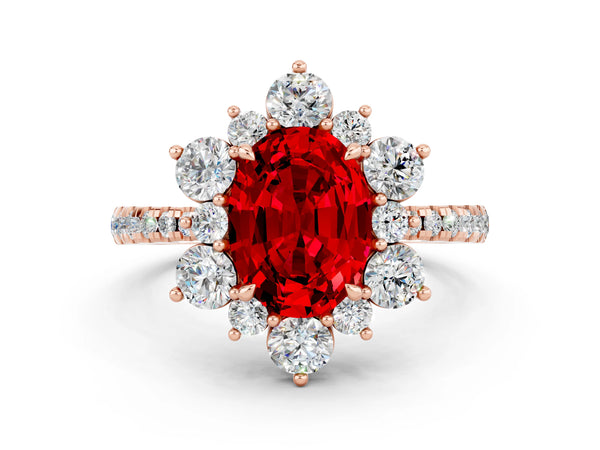 Rose gold Oval Cut Ruby Floral Halo Ring with Round Pavé Band and Prong Setting