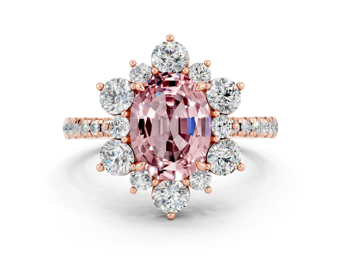 Rose gold Oval Cut Cut Diamond Floral Halo Pave Band with Prong Setting