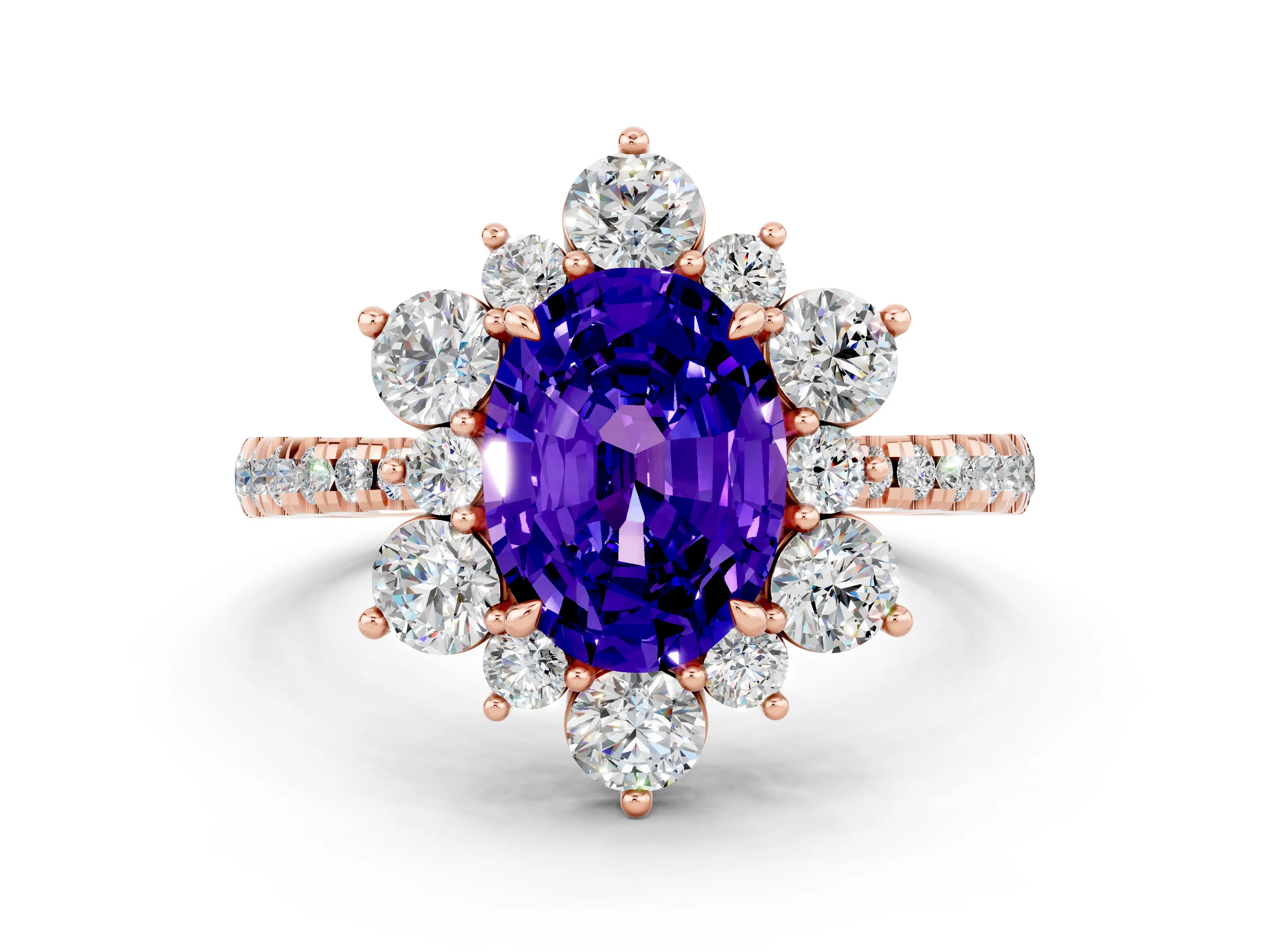 Rose gold Oval Cut Cut Diamond Floral Halo Pave Band with Prong Setting