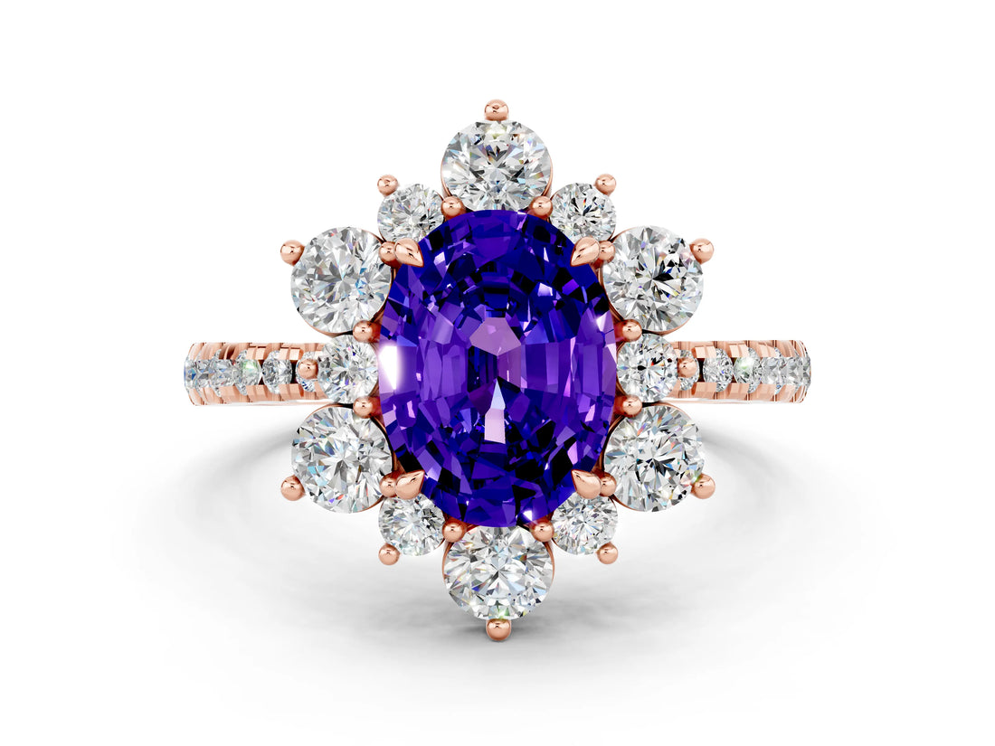 Rose gold Oval Cut Cut Diamond Floral Halo Pave Band with Prong Setting