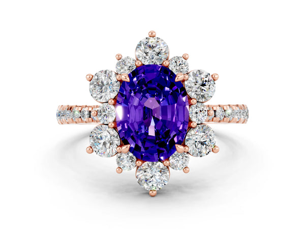 Rose gold Oval Cut Tanzanite Floral Halo Ring with Round Pavé Band and Prong Setting