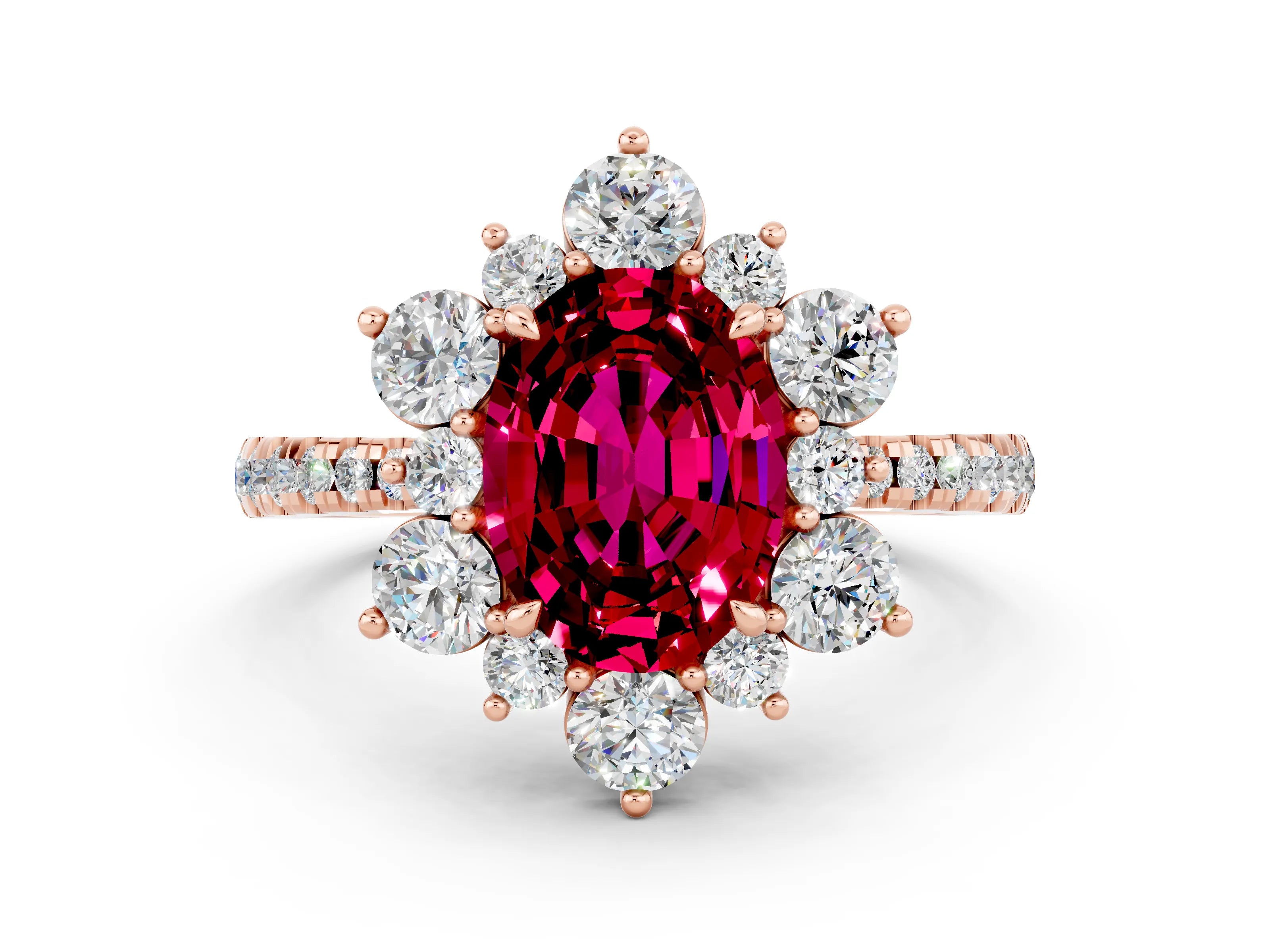 Rose gold Oval Cut Cut Diamond Floral Halo Pave Band with Prong Setting