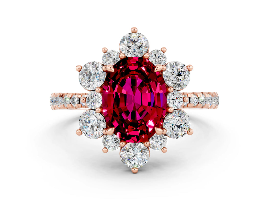 Rose gold Oval Cut Cut Diamond Floral Halo Pave Band with Prong Setting
