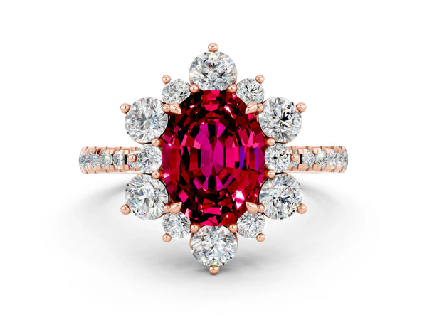 Rose gold Oval Cut Garnet Floral Halo Ring with Round Pavé Band and Prong Setting