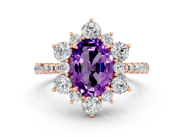 Rose gold Oval Cut Amethyst Floral Halo Ring with Round Pavé Band and Prong Setting