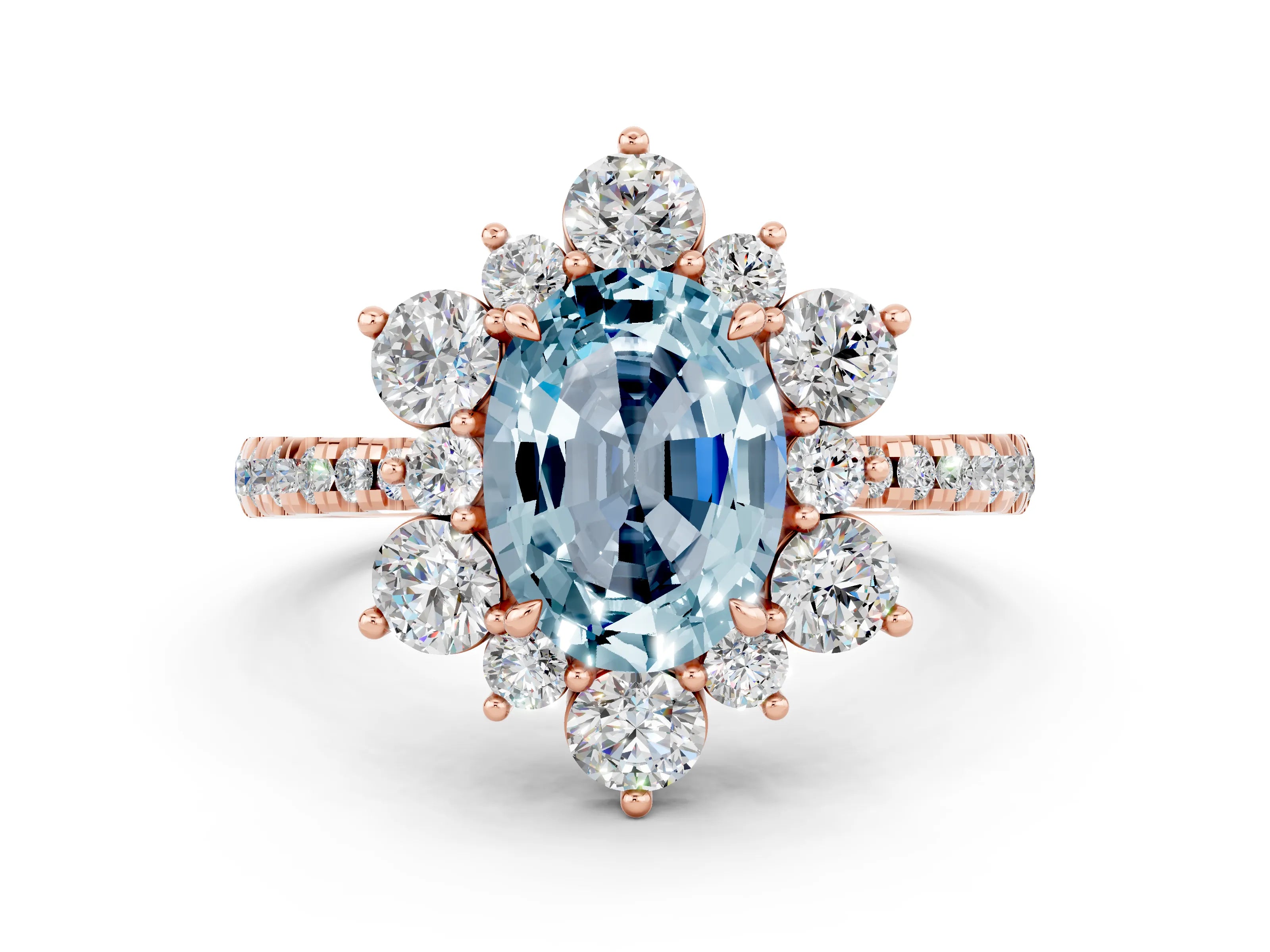Rose gold Oval Cut Cut Diamond Floral Halo Pave Band with Prong Setting