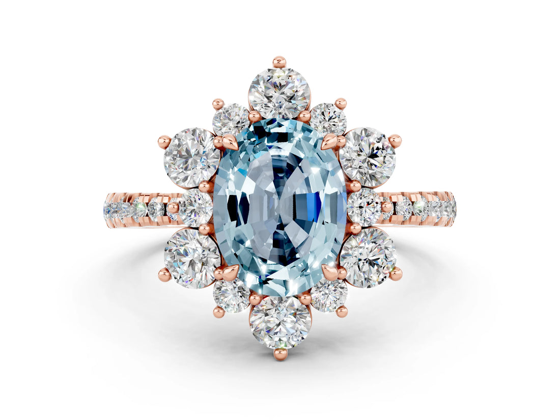 Rose gold Oval Cut Cut Diamond Floral Halo Pave Band with Prong Setting