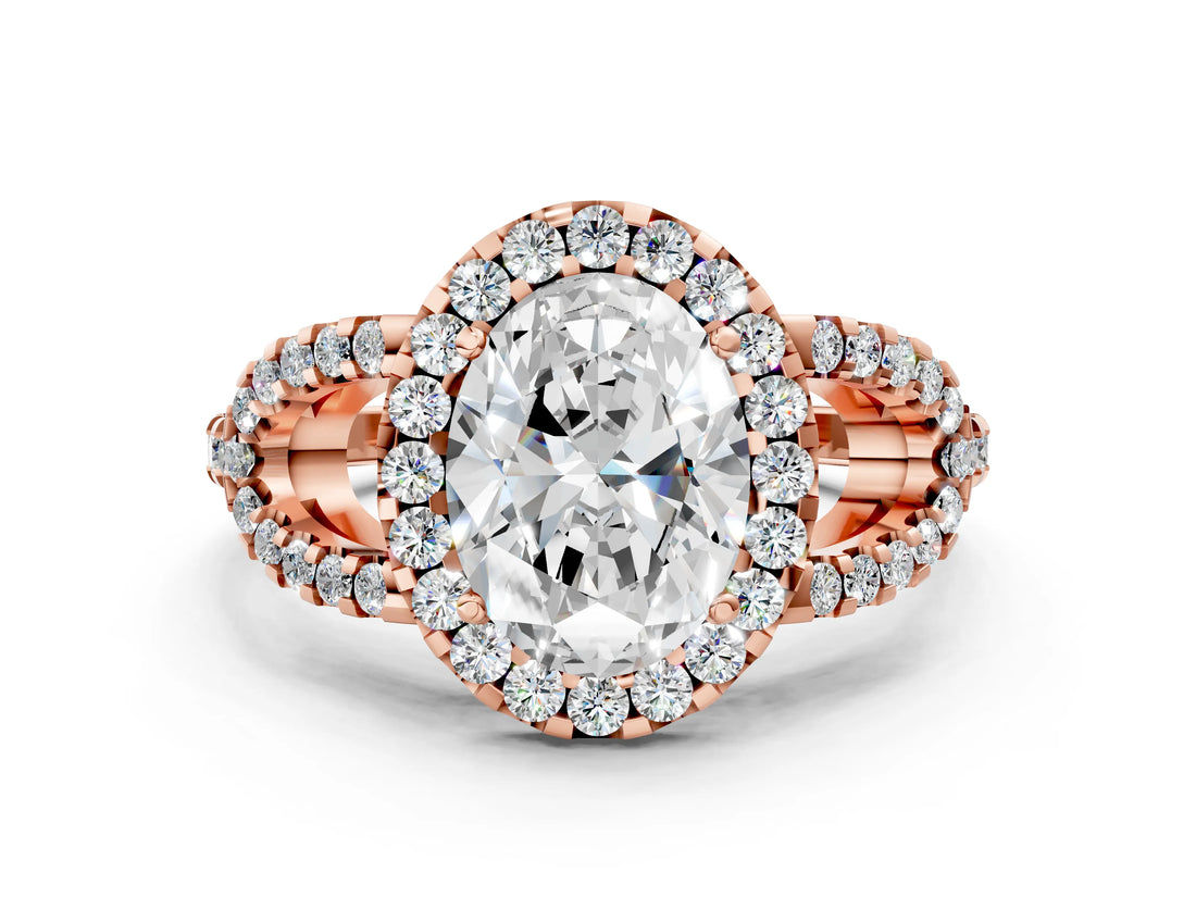 Rose gold Oval Cut Cut Diamond Halo Engagement Ring with Open Split Pavé Band_9
