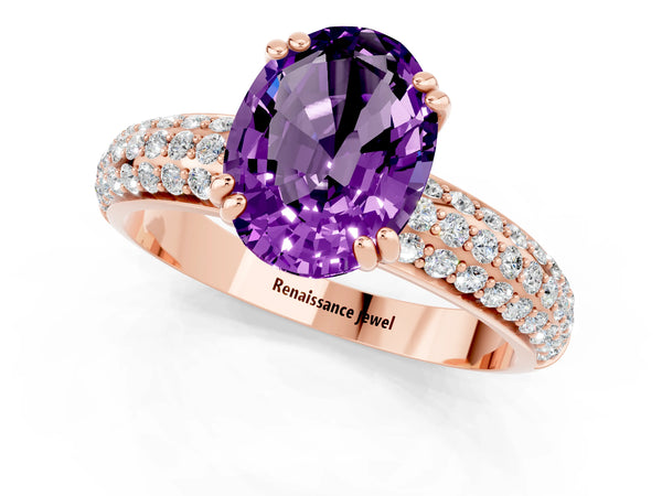 Rose gold Oval Cut Amethyst Vintage Milgrain Ring with Round  Stations