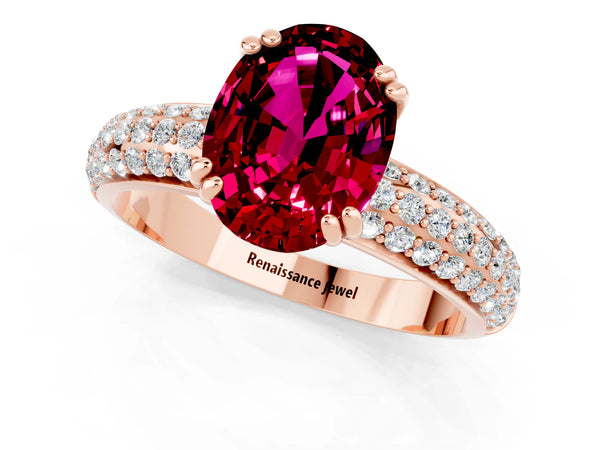 Rose gold Oval Cut Garnet Vintage Milgrain Ring with Round  Stations