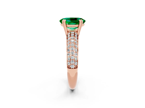 Rose gold Oval Cut Emerald Vintage Milgrain Ring with Round  Stations