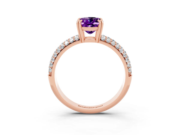Rose gold Oval Cut Amethyst Vintage Milgrain Ring with Round  Stations
