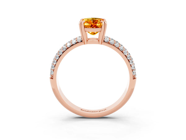 Rose gold Oval Cut Citrine Vintage Milgrain Ring with Round  Stations