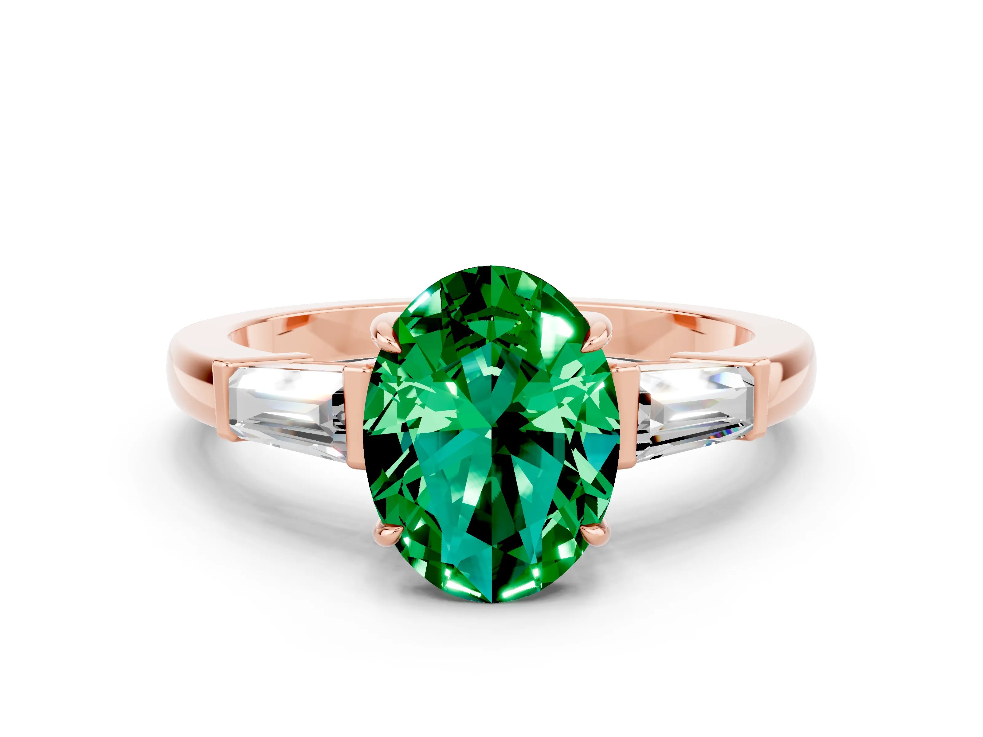 Rose gold Oval Cut Cut Diamond Ring with Tapered Baguette Side Stones in Four-Prong Setting