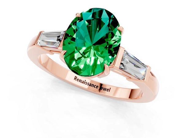 Rose gold Oval Cut Emerald Three-Stone Ring with Tapered Baguette Side Stones and Prong Setting