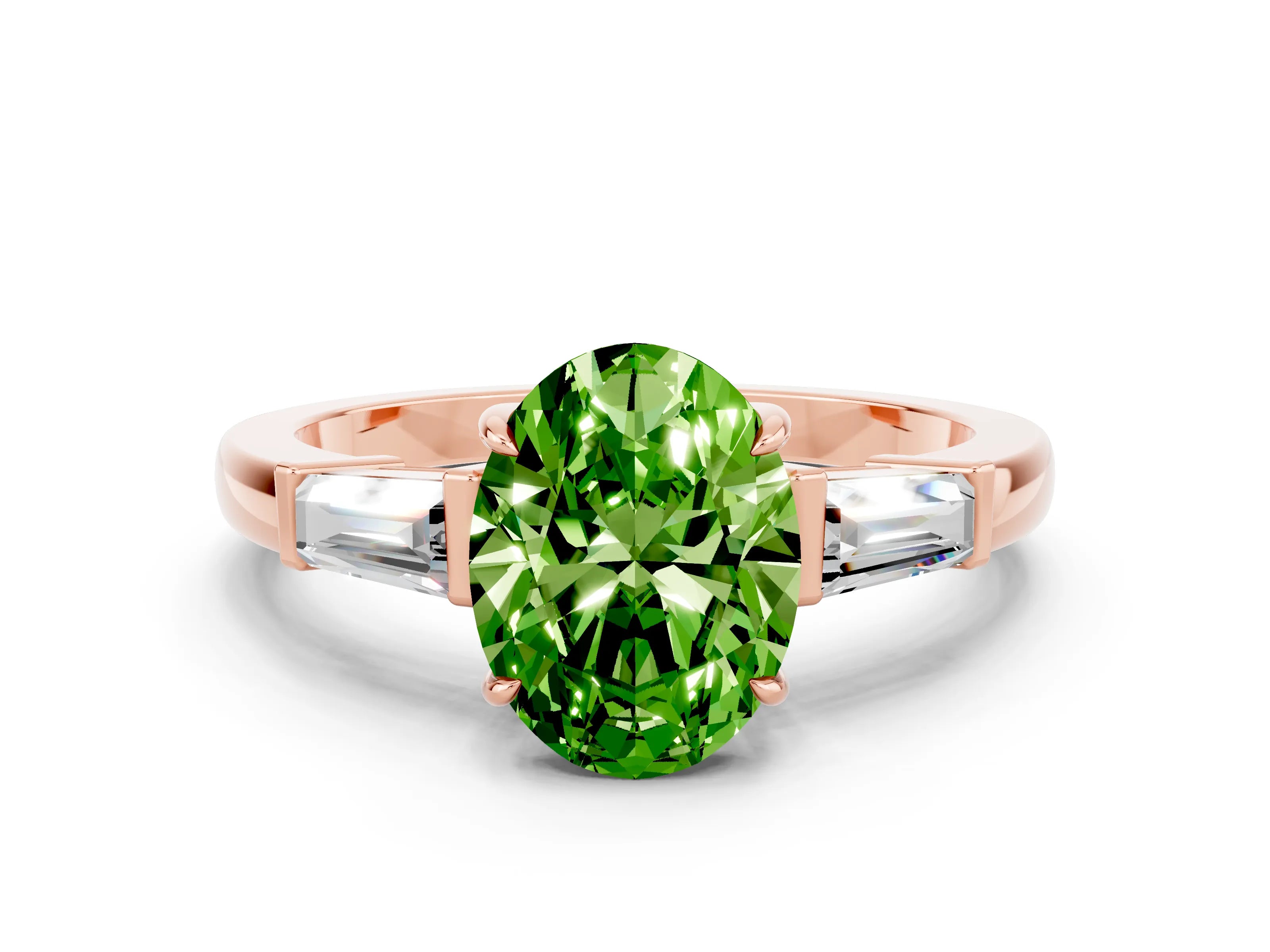 Rose gold Oval Cut Cut Diamond Ring with Tapered Baguette Side Stones in Four-Prong Setting