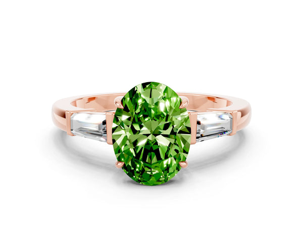 Rose gold Oval Cut Cut Diamond Ring with Tapered Baguette Side Stones in Four-Prong Setting