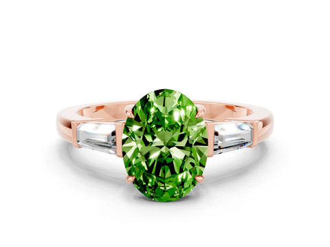 Rose gold Oval Cut Cut Diamond Ring with Tapered Baguette Side Stones in Four-Prong Setting