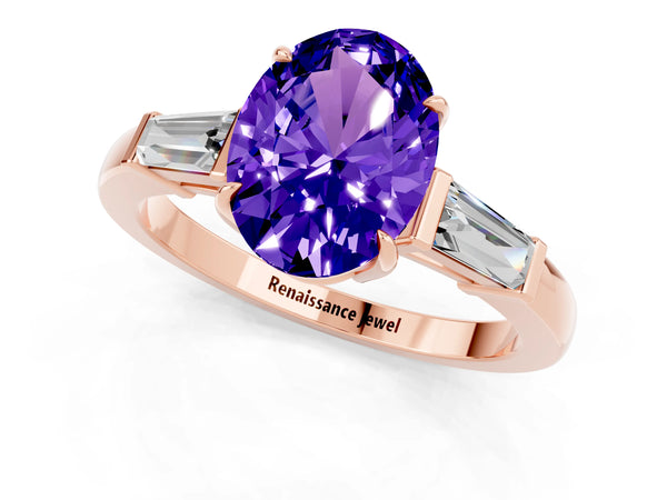 Rose gold Oval Cut Tanzanite Three-Stone Ring with Tapered Baguette Side Stones and Prong Setting