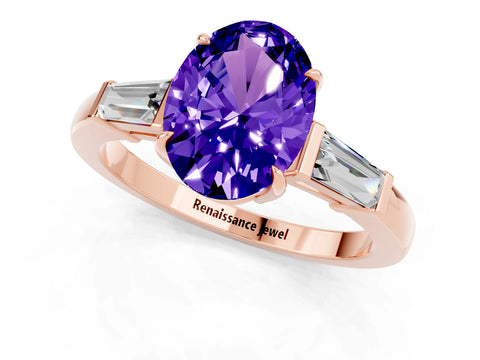 Rose gold Oval Cut Cut Diamond Ring with Tapered Baguette Side Stones in Four-Prong Setting_1
