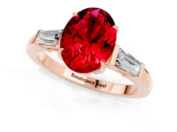 Rose gold Oval Cut Cut Diamond Ring with Tapered Baguette Side Stones in Four-Prong Setting