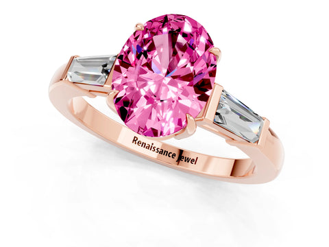 Rose gold Oval Cut Cut Diamond Ring with Tapered Baguette Side Stones in Four-Prong Setting_1