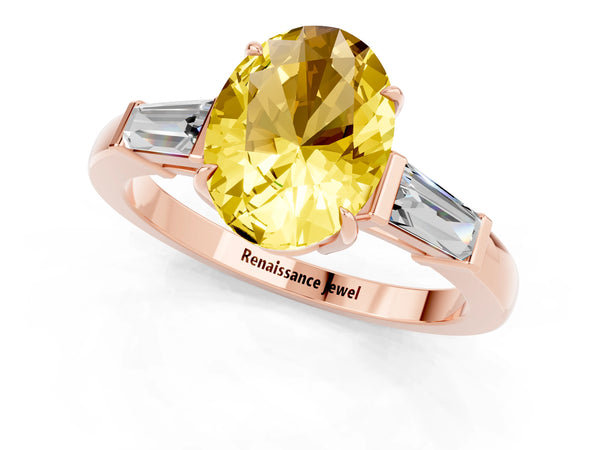 Rose gold Oval Cut Yellow Sapphire Three-Stone Ring with Tapered Baguette Side Stones and Prong Setting