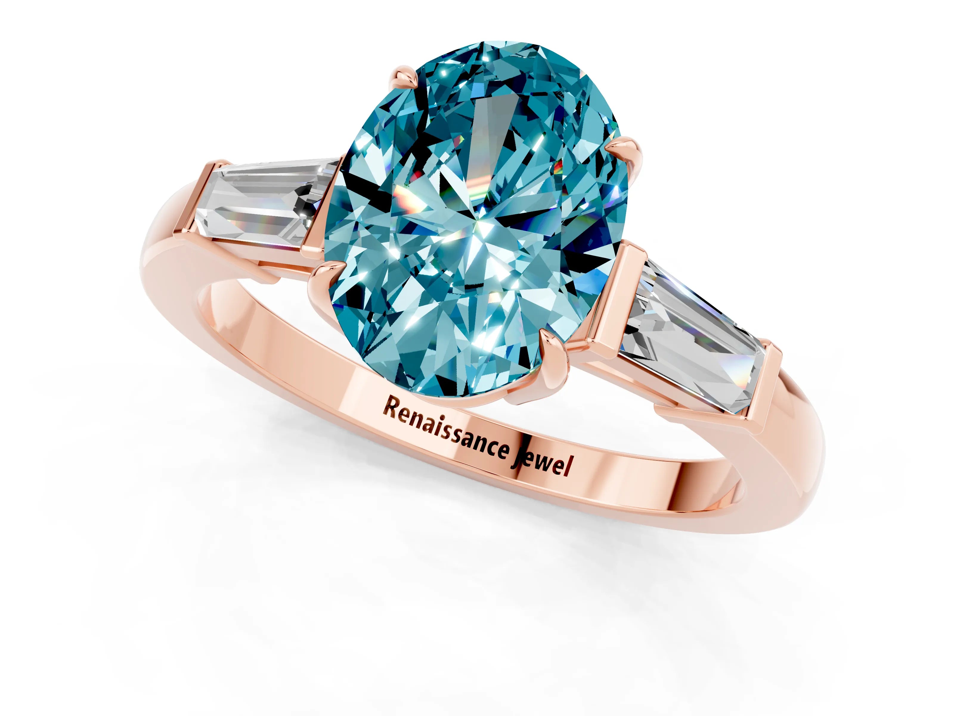 Rose gold Oval Cut Cut Diamond Ring with Tapered Baguette Side Stones in Four-Prong Setting_1