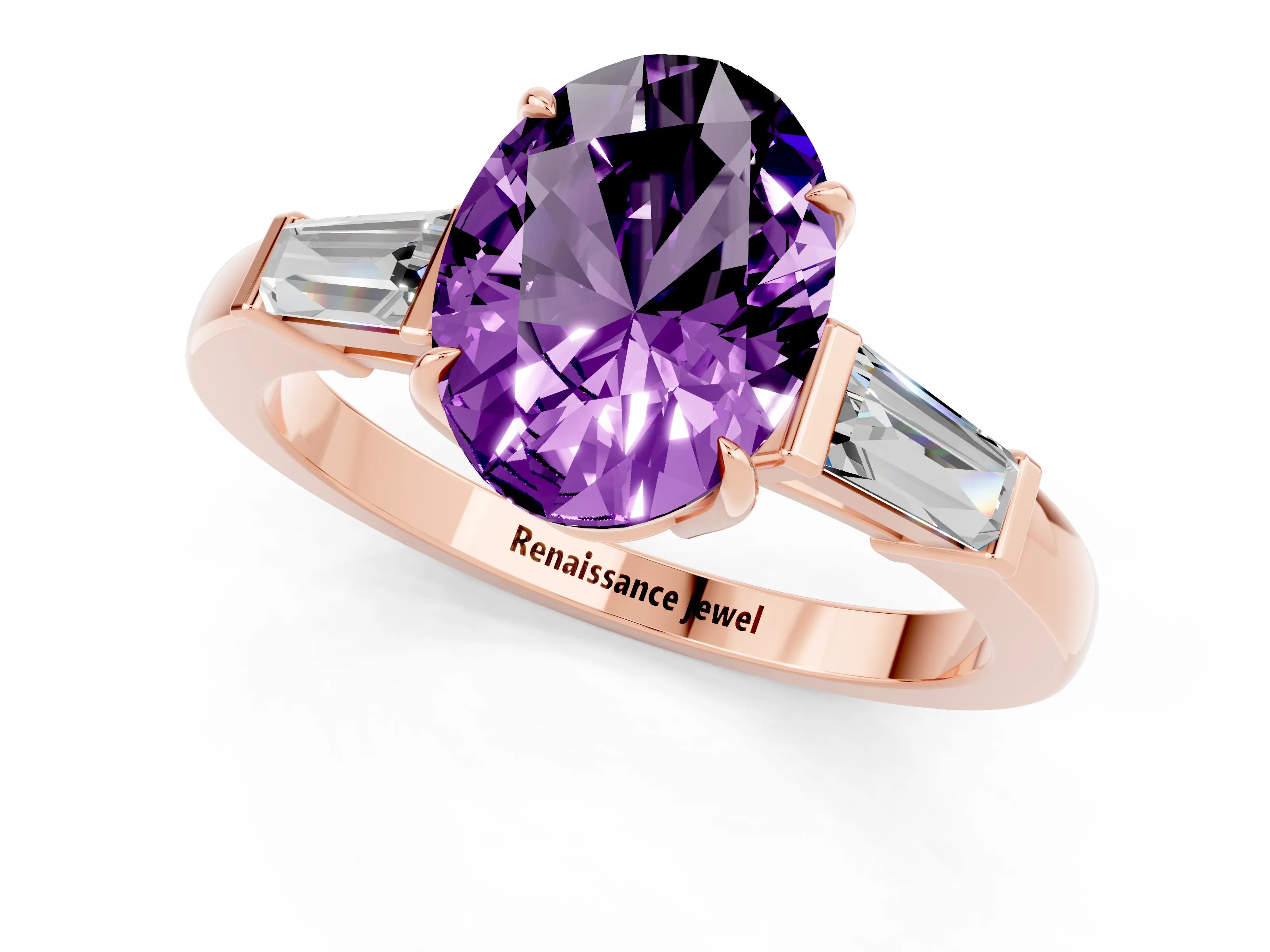 Rose gold Oval Cut Cut Diamond Ring with Tapered Baguette Side Stones in Four-Prong Setting_1