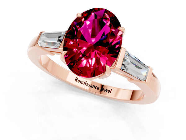 Rose gold Oval Cut Garnet Three-Stone Ring with Tapered Baguette Side Stones and Prong Setting