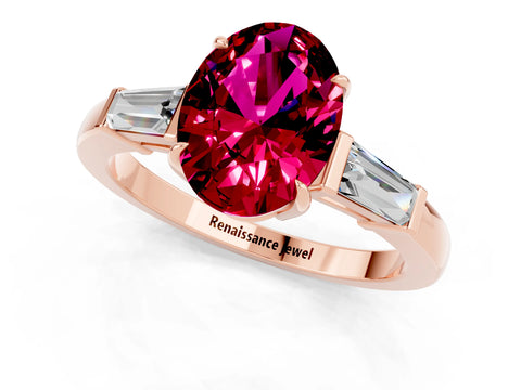 Rose gold Oval Cut Cut Diamond Ring with Tapered Baguette Side Stones in Four-Prong Setting_1
