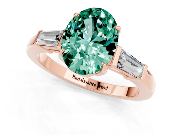 Rose gold Oval Cut Green Sapphire Three-Stone Ring with Tapered Baguette Side Stones and Prong Setting