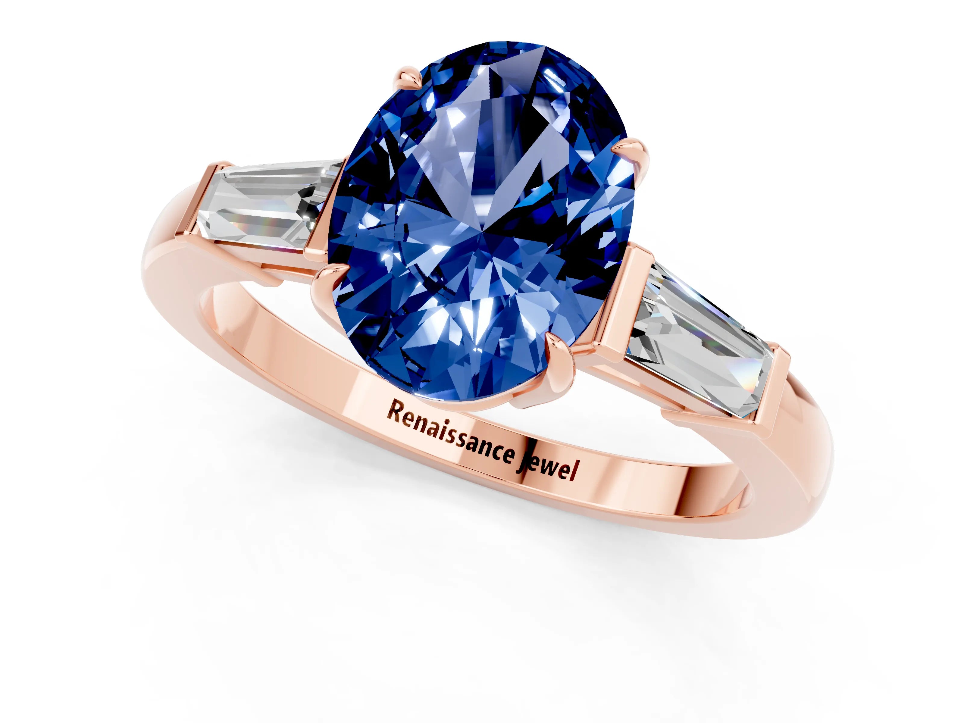 Rose gold Oval Cut Cut Diamond Ring with Tapered Baguette Side Stones in Four-Prong Setting_1
