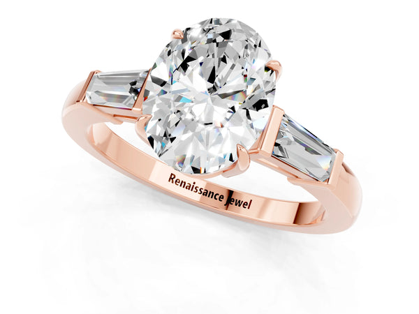 Rose gold Oval Cut Moissanite Three-Stone Ring with Tapered Baguette Side Stones and Prong Setting