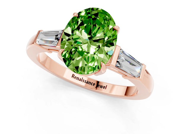 Rose gold Oval Cut Cut Diamond Ring with Tapered Baguette Side Stones in Four-Prong Setting