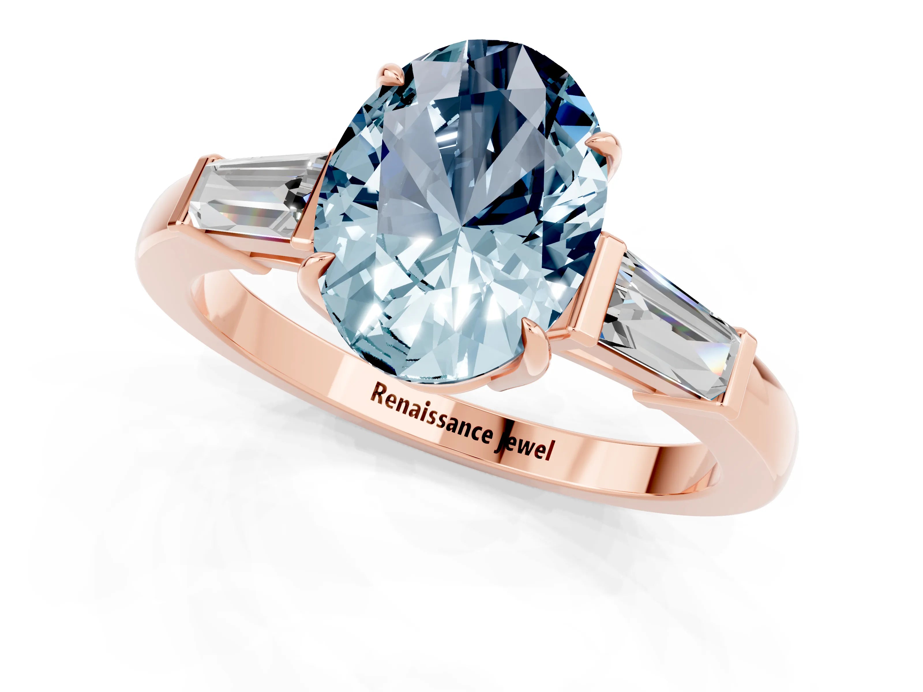 Rose gold Oval Cut Cut Diamond Ring with Tapered Baguette Side Stones in Four-Prong Setting_1