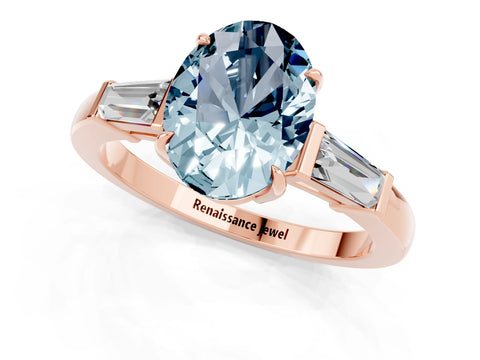 Rose gold Oval Cut Cut Diamond Ring with Tapered Baguette Side Stones in Four-Prong Setting_1