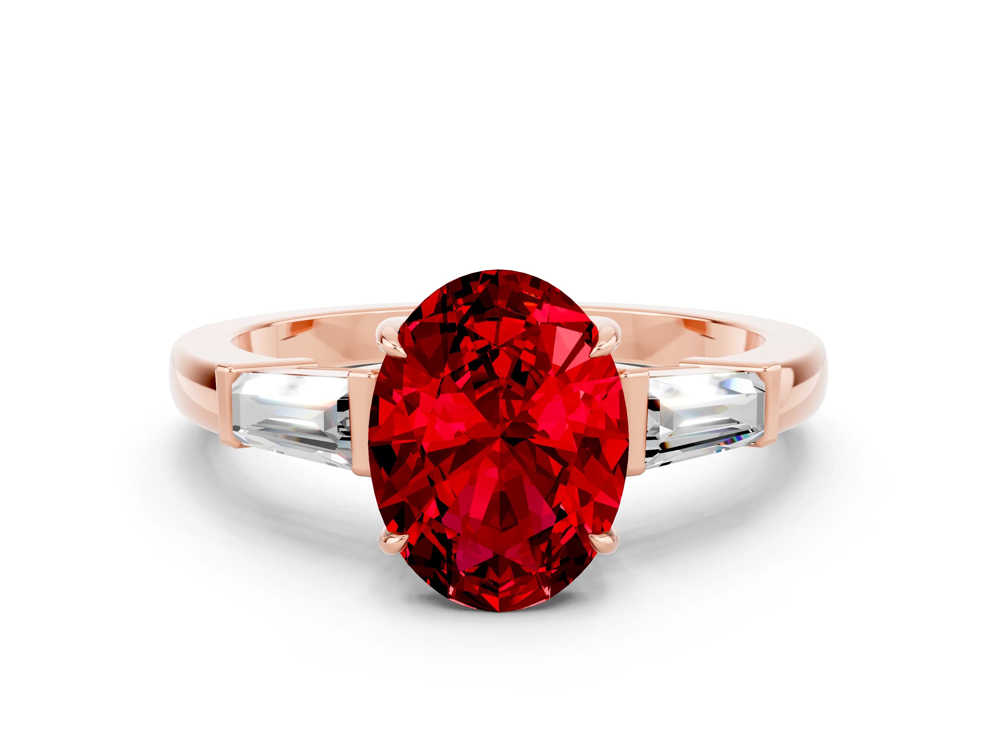 Rose gold Oval Cut Cut Diamond Ring with Tapered Baguette Side Stones in Four-Prong Setting