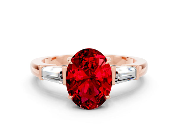 Rose gold Oval Cut Cut Diamond Ring with Tapered Baguette Side Stones in Four-Prong Setting