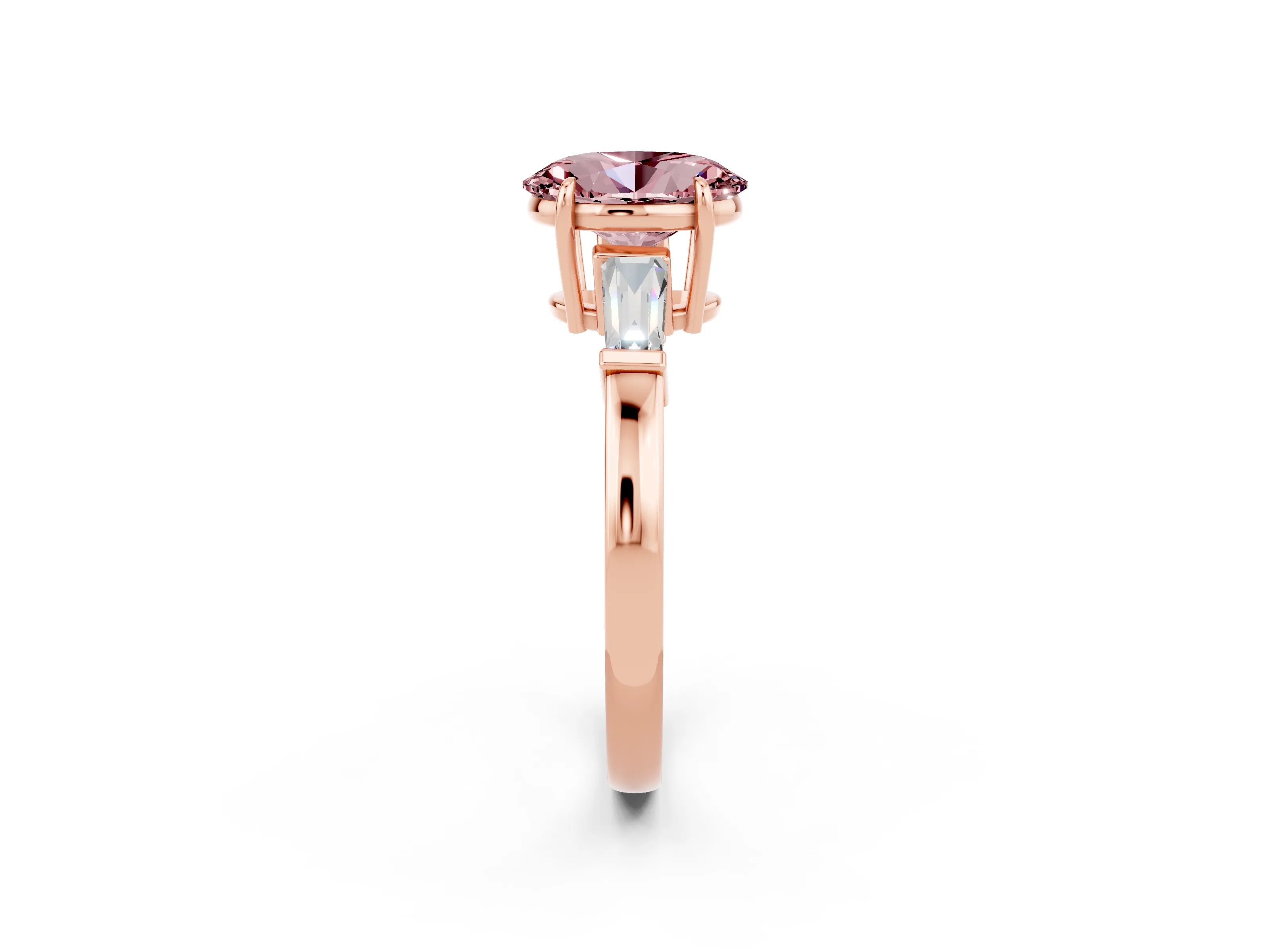 Rose gold Oval Cut Cut Diamond Ring with Tapered Baguette Side Stones in Four-Prong Setting_2