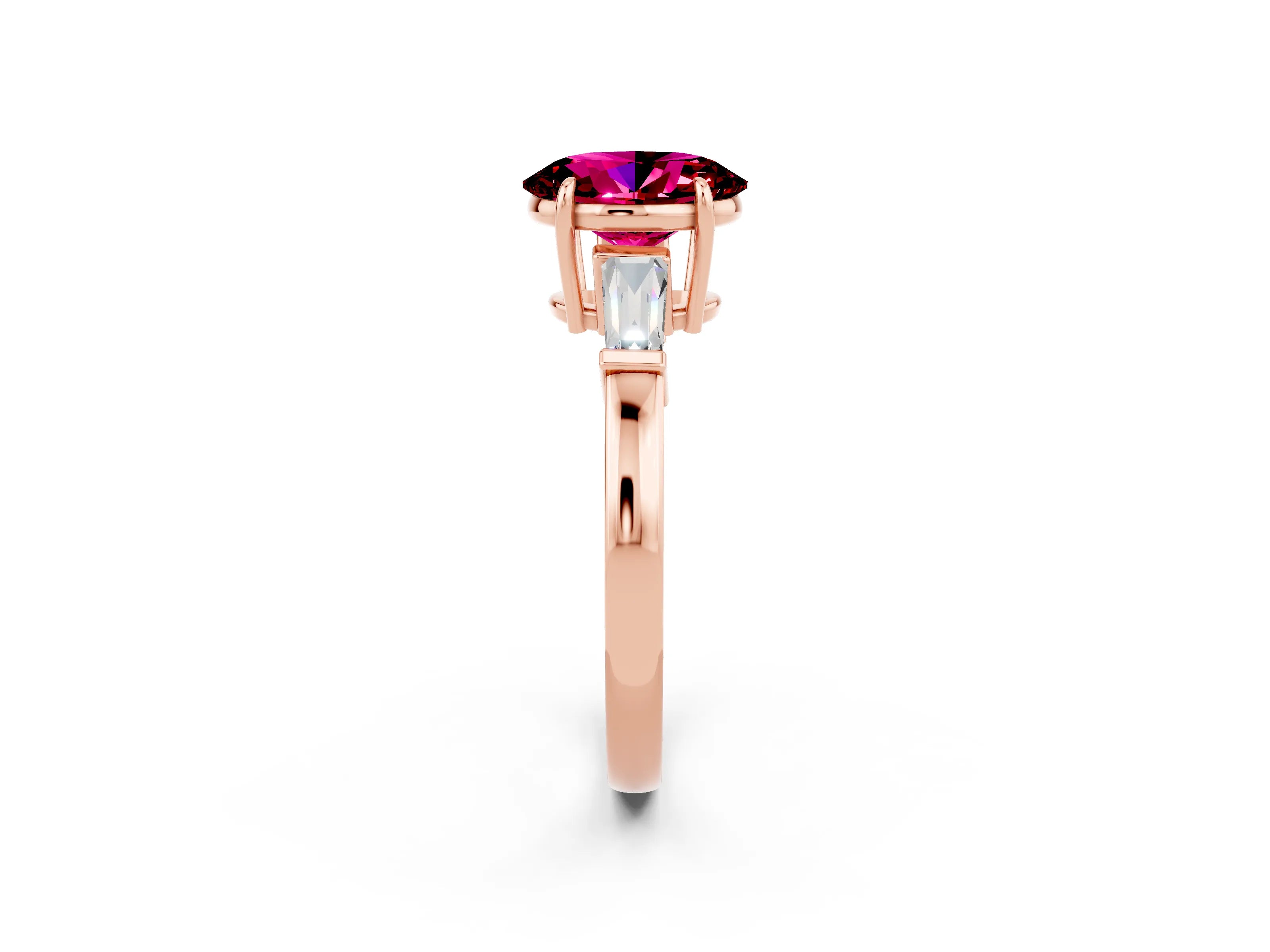 Rose gold Oval Cut Cut Diamond Ring with Tapered Baguette Side Stones in Four-Prong Setting_2