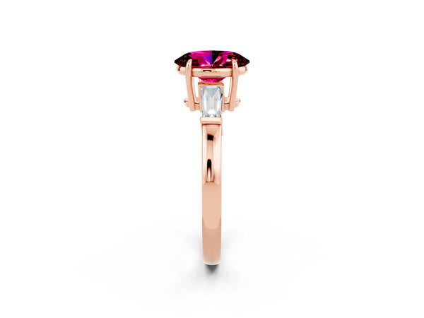 Rose gold Oval Cut Garnet Three-Stone Ring with Tapered Baguette Side Stones and Prong Setting