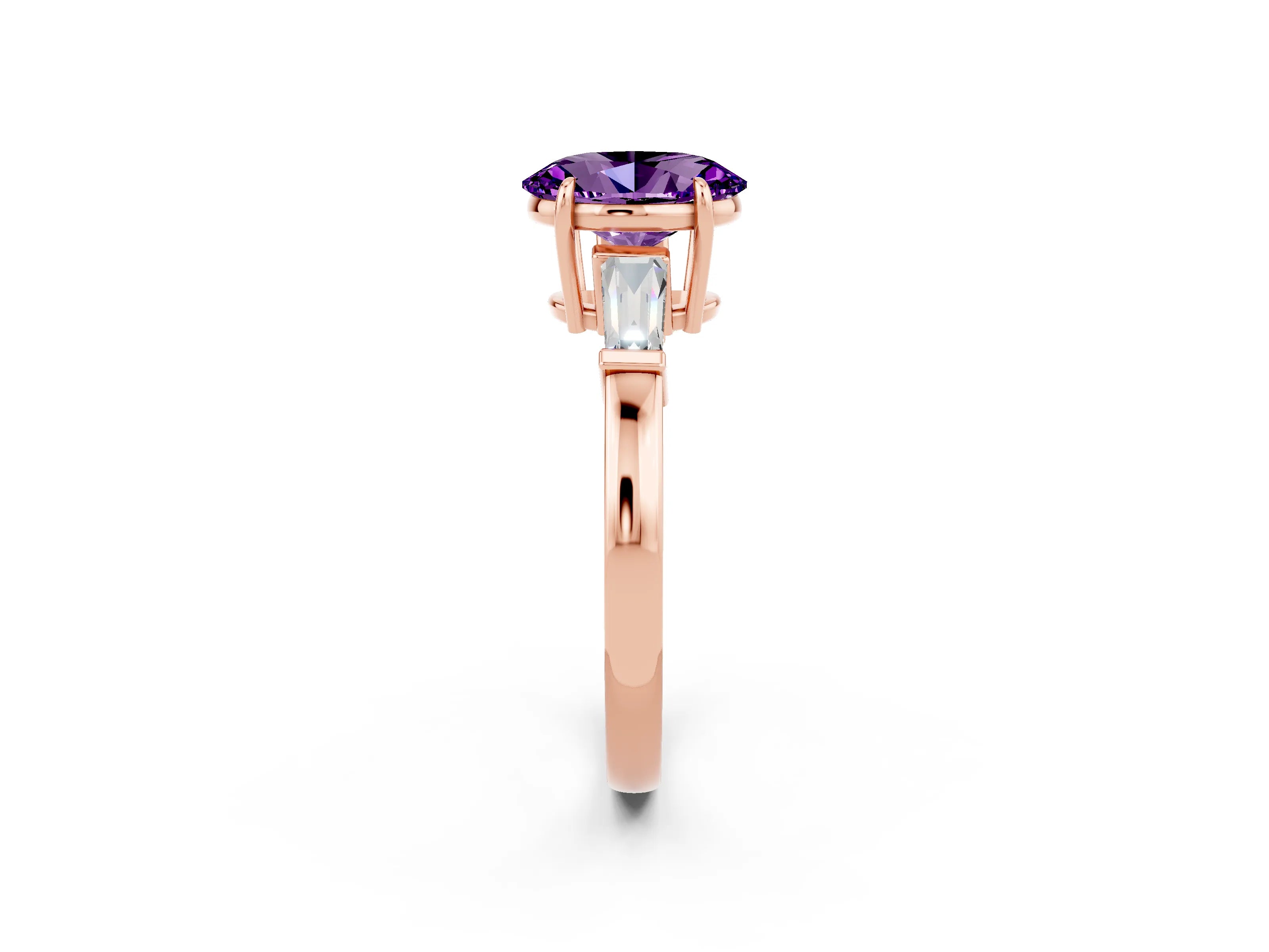 Rose gold Oval Cut Cut Diamond Ring with Tapered Baguette Side Stones in Four-Prong Setting_2