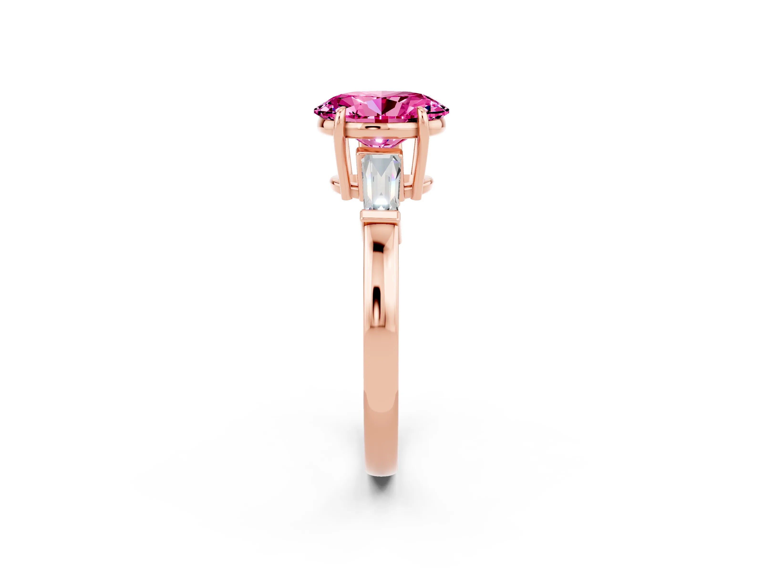 Rose gold Oval Cut Cut Diamond Ring with Tapered Baguette Side Stones in Four-Prong Setting_2