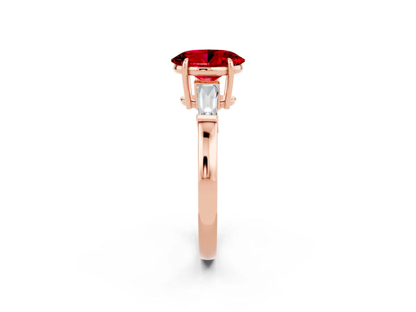 Rose gold Oval Cut Cut Diamond Ring with Tapered Baguette Side Stones in Four-Prong Setting