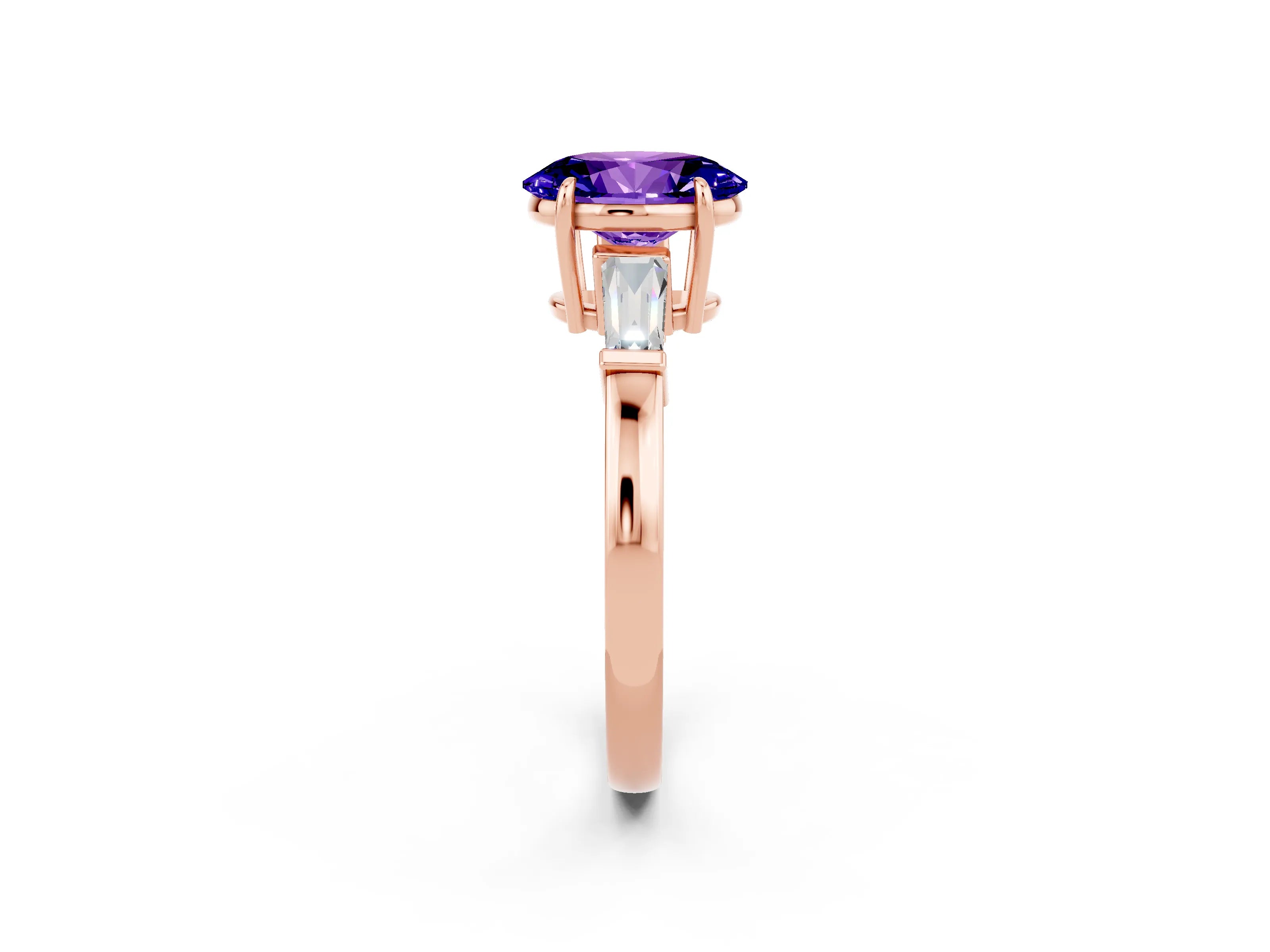 Rose gold Oval Cut Cut Diamond Ring with Tapered Baguette Side Stones in Four-Prong Setting_2