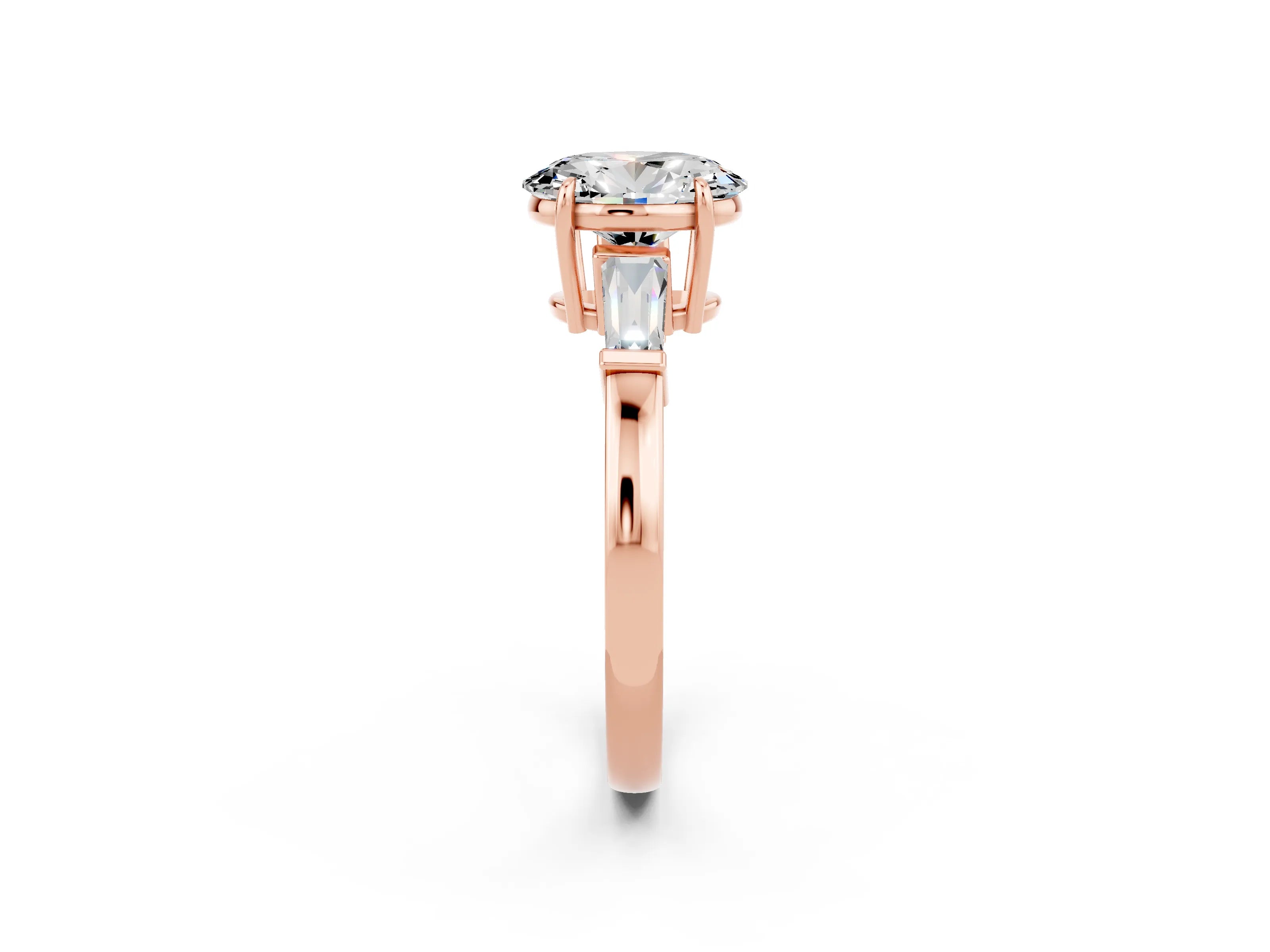 Rose gold Oval Cut Cut Diamond Ring with Tapered Baguette Side Stones in Four-Prong Setting_2