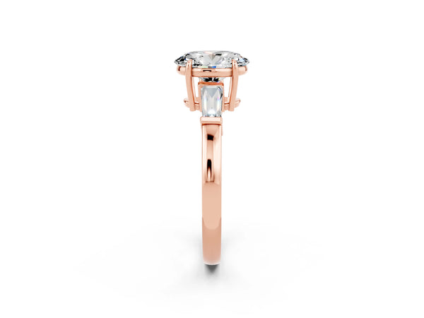 Rose gold Oval Cut Moissanite Three-Stone Ring with Tapered Baguette Side Stones and Prong Setting